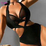 DEKA Women Mesh One-Piece Swimsuit Solid Black V-neck Swimwear Wrap Front Cutout Sexy Monokini Bathing Suits Beachwear