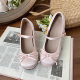 2025 spring cute sweet Bowknot Mary Janes for Women  vintage Silk Med Heels  pumps Ladies  Banquet Wedding Single Shoes Mujer