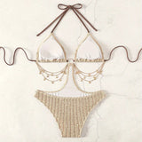 sexy ribbed metal chain swimsuit one piece hollow waist bikinis halter swimwear bodysuits women biquini bathing suits tankini