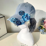 Women 3D Flower Sun Hat Breathable Sun Protection Denim Baseball Hat Holiday Outdoor Travel Cap