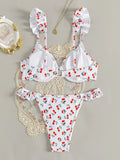 Cherry Printed Underwired V-bar Ruffled Bikini Women Swimwear Female Swimsuit Two-pieces Bikini Set Push Up Bathing Suit Swim