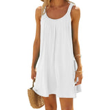 Summer Women's Loose Short Dress for Beach Solid Color Sleeveless Backless U Neck Casual Dress Beachwear
