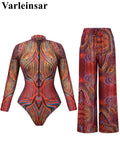XS - XXL Printed Long Sleeve With Pants Women Swimwear One Piece Swimsuit Female Zipper Padded Bather Bathing Suit Swim V7094
