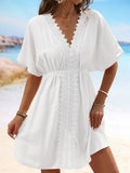 V Neck Lace Short Sleeve Tunic Beach Cover Up Cover-ups Beach Dress Beach Wear Beachwear Female Outfits Bathing kaftan for Women