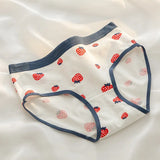 1-Pack Cute Strawberry Print Cotton Panties Sweet Striped Accents Women Low-Rise Underwear Breathable Soft Lingerie M-XL