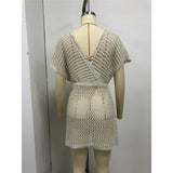 2026 Short Sleeve V Neck Hollow Out Crochet Knitted Tunic Beach Cover Up Cover-ups Beach Dress Beach Wear Beachwear Female V8152