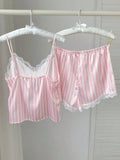 Two Piece Women's V-Neck Sexy Lace Suspender Pajama Satin Silk Intimate Lingerie Pink Stripe Sleewpear Pijamas Suit Summer New
