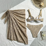With Sarong Underwired Bikini Female Swimsuit Women Swimwear Three-pieces Bikini set Brazilian Bather Bathing Suit Swim V7936