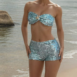 Women's Sequined Outfit Strapless Bra Tops and Slim Fit Shorts 2 Pcs Set for Spring Summer