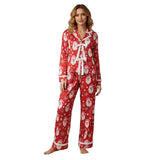 Women's 2025 Christmas Pajama Sets Fashionable Santa Printed Front Tie Ruffle Tops with Pants Two Pieces Soft Sleepwear
