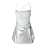 Women Sleeveless Backless Party Club Dress Solid Color Shiny Spaghetti Strap Mini Dress for Cocktail Nightclub Beach