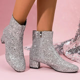 Women's Sparkling Silvers Glitter Ankle Boots Fashion Chunky Mid Heel Zipper Short Boots Women Round Toe Plus Size Botas Mujer