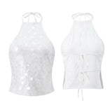 Women’s Backless Sequin Vest Summer Slim Fit Halter Tank Tops Summer Club Party Sexy Sleeveless Shirts Streetwear