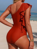 2026 Ruffle Swimsuit Women One Piece Shoulder Padded Swimwear Female Solid Bathers Bathing Swimming Swim Suit XL