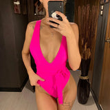 Sexy Wrap Around Bandage Women Swimwear One Piece Swimsuit Female Bather Deep V Neck Bathing Suit Swim Backless Monokini V1639C