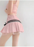 Striped Contrasting Color Bow Lace Splicing Pleated Skirt Women 2026 Summer American Style Low Waist  A-line Short Skirt UBFK