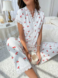 Women Sleepwear Black Lace Trim Cherry Print 2 Piece Pajamas Set Short Sleeve Top & Full-Length Pants Homewear
