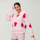 Women Spring Knitted Sweater Long Sleeve Round Neck Pearl Heart Print Knitwear Loose Pullover Tops