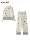 Foridol Floral Embroidery Women Shirt Pants Set Linen 2 Pcs Outfit Female Matching Set Wide Leg Pants Suit 2025 Casual Set