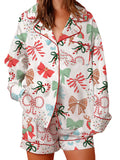 Women's 2025 Satin Christmas Pajama Set Long Sleeve Lapel Bow Print Shirt Wide Leg Shorts Loose Two Pieces Sleepwear