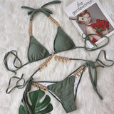Bikini 2026 Sexy Rhinestone Leaf Pendant Metal Chain Solid Swimwear Swimsuit Women Bikinis Set Bathing Suit Beach Bikini Female