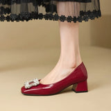 Shallow Mouth Square Toe Rhinestone Square Buckle Single Shoes Women's New Professional Patent Leather Kitten Heel Shoes