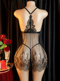 Front-tie Bra Half See-through Lingerie With Thong Set Women's Nightdress Bold Sexy Clothing Pajamas Tulle Open Bras Body Suit