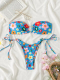 Sexy Bandeau Bikini 2025 Women Pink Floral Print Ring Circle Push Up Micro Swimsuit Off Shoulder Bathing Suit Thong Swimwear