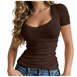 Y2k Lace Patchwork Crop T-Shirt Women Vintage Streetwear Sexy Slim U Neck Tops Female Harajuku Korean Chic Ribbed Bottoming Tees