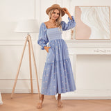 Women Spring Fall Long Dress Long Sleeve Dress Square Neck Embroidery Flower Loose Swing Dress Wit Pocket
