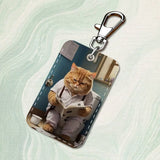 Funny Art Fat Cat Toilet Rectangle Card Case Keychain Access Card Bag Key Tag Ring Leather Card Holder Key Ring Access