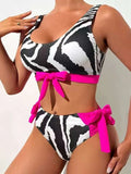Sexy Black Zebra Print Bow Patchwork Bikini Set 2026 Women Push Up High Waist Swimsuit Beach Bathing Suit Two Piece Swimwear