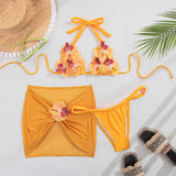 Sexy Yellow 3D Flower Mesh Cover Up Bikini Set 2026 Women Push Up Bra Skirt 3 Piece Swimsuit Beach Bathing Suit Holiday Swimwear