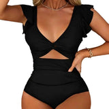 Women Monokini V-Neck Ruffle Sleeve One-Piece Swimsuit Solid Color High Waist Tummy Control Bathing Suit