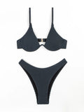 Solid Color Pit Strip Bikini Set for Women Sexy Underwire Push Up 2-piece Swimsuit High Waist Suspender Backless  Bathing Suit