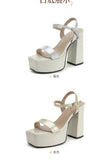 Silver Women Sandals Square Toe 12.5cm High Heel 4.5cm Platform Buckle Strap Large Size 43 44 45 46 Sexy Dating Shoes