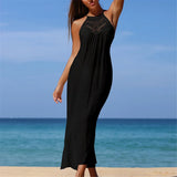 Solid Hollow Out Sleeveless Crochet Knitted Tunic Beach Cover Up Cover-ups Beach Dress Beach Wear Beachwear Female Women V7642
