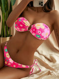 Sexy Bandeau Bikini 2025 Women Pink Floral Print Ring Circle Push Up Micro Swimsuit Off Shoulder Bathing Suit Thong Swimwear