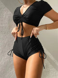 2026 Plain Drawstring Two Pieces Women Swimsuit Solid Sexy Swimwear Female Bathers Bathing Swimming Suit Summer Beachwear