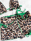 2026 Summer Leopard Print 3 Pieces Suit Swimwear Reversible Sexy Halter Lace-up Bikini Set Drawstring Skirt Cover Up Beachwear