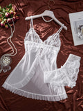 White Sexy Contrast Lace and Mesh Ruffle Babydoll Sleep Dress Woman Nightgown V-neck Open Bra Sleep Skirt Nighties Sleepwear