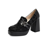 Square Toe Platform Double-Layer Buckle Shallow Sleeve Office Pumps Ultra-High Thick Heel Breathable High Heels