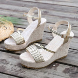 Gold Woven Wedge High Heel Sandals Women 2026 Summer Ankle Buckle Chunky Heeled Sandals Woman Plus Size Platform Sandles Female