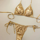 Women Metallic Glitter Pink Gold Micro Mini String Bikini Sets 4 Pieces with Mesh Cover Tops and Mini Skirt Swimsuit Biquini