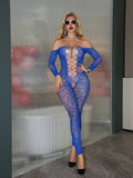 Long-sleeved Ripped Purple Charming Sexy Strapless Hollowed-out One-piece Mesh Outfit Transparent Off-the-shoulder Bodysuit 9UM7