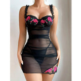 Transparent Sexy Lingerie Woman Underwire Bra And Panty Set Embroidery Floral Dress Elegant Nightdress Intimate Nightgown