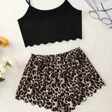 Women's Pajamas Set Sexy Lingerie Leopard Print Sling Sleepwear V-Neck Sleeveless Top and Shorts Sets Pyjamas Homewear