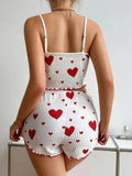 Sweet Heart Print Pajama Set for Women Cute Sleeveless Cami Top and Ruffle Shorts Soft Ribbed Knit Loungewear Adorable Pjs