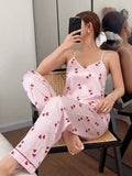 Women's Camisole Pajama Set Cute Sweet Heart Print Lounge Sets Sexy V Neck Satin Cami & Pants Sleepwear Pajamas Nightwear Pj Set