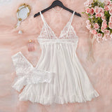 Tulle Suspenders Exquisite Lace V-Neck Nightdress Women's Underwear Semi-transparent Thong Dress Set Lingerie Nightgowns